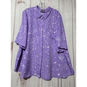 Purple‎ White Splash Print Button Down Collared 3/4 Sleeve Blouse Ladies 24W